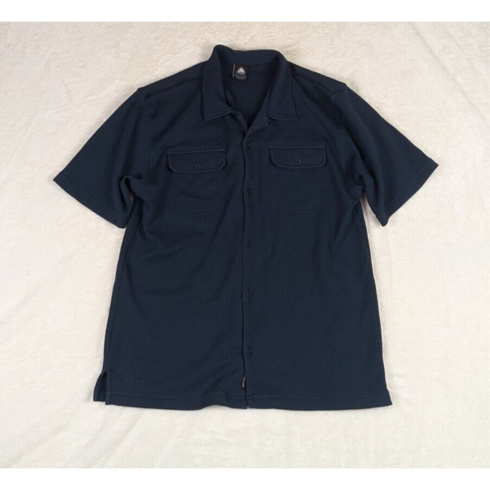 Nike ACG Button Up Shirt Mens L Blue Outdoor Dri Fit Flap Pockets Waffle Knit